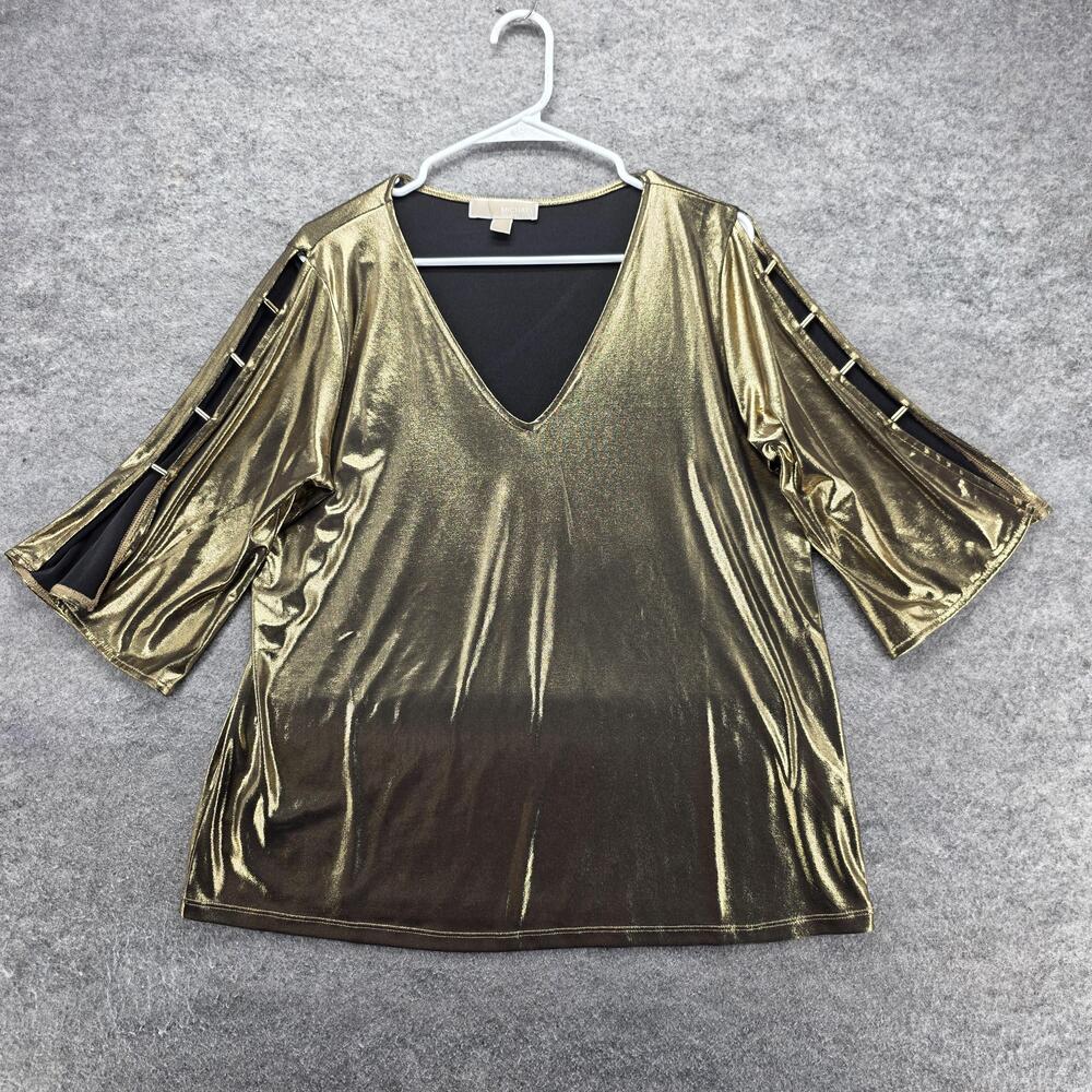MICHAEL Michael Kors Blouse Tunic Womens L Gold V-Neck 3/4 Slit Sleeve Stretch